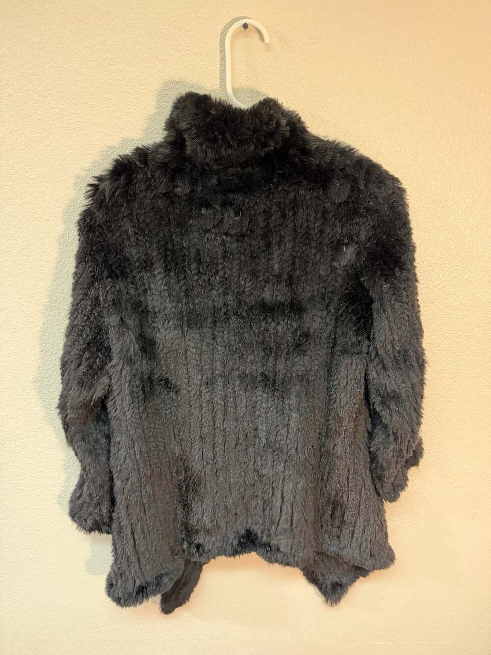 JUNE S/M Black Knitted Rabbit Fur Open Front Jacket with Shawl Collar